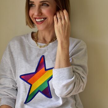 Large Star Embroidered Rainbow Sweatshirt Ash Grey, 2 of 3