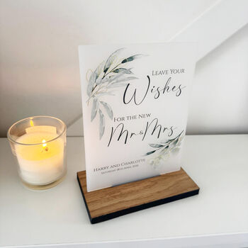 Botanical Personalised Leave Your Wishes Acrylic Sign Opaque A5 Wedding Guest Book Sign, 5 of 5