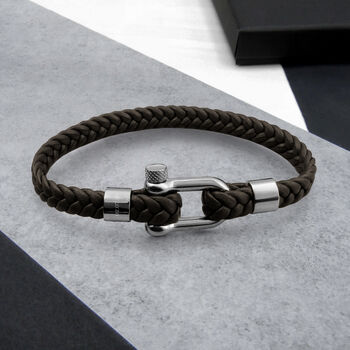 Personalised Men's Shackle And Woven Brown Leather Bracelet, 3 of 6