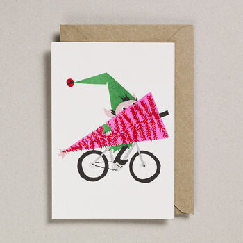 Risograph Christmas Card Elf With Gift, 4 of 6