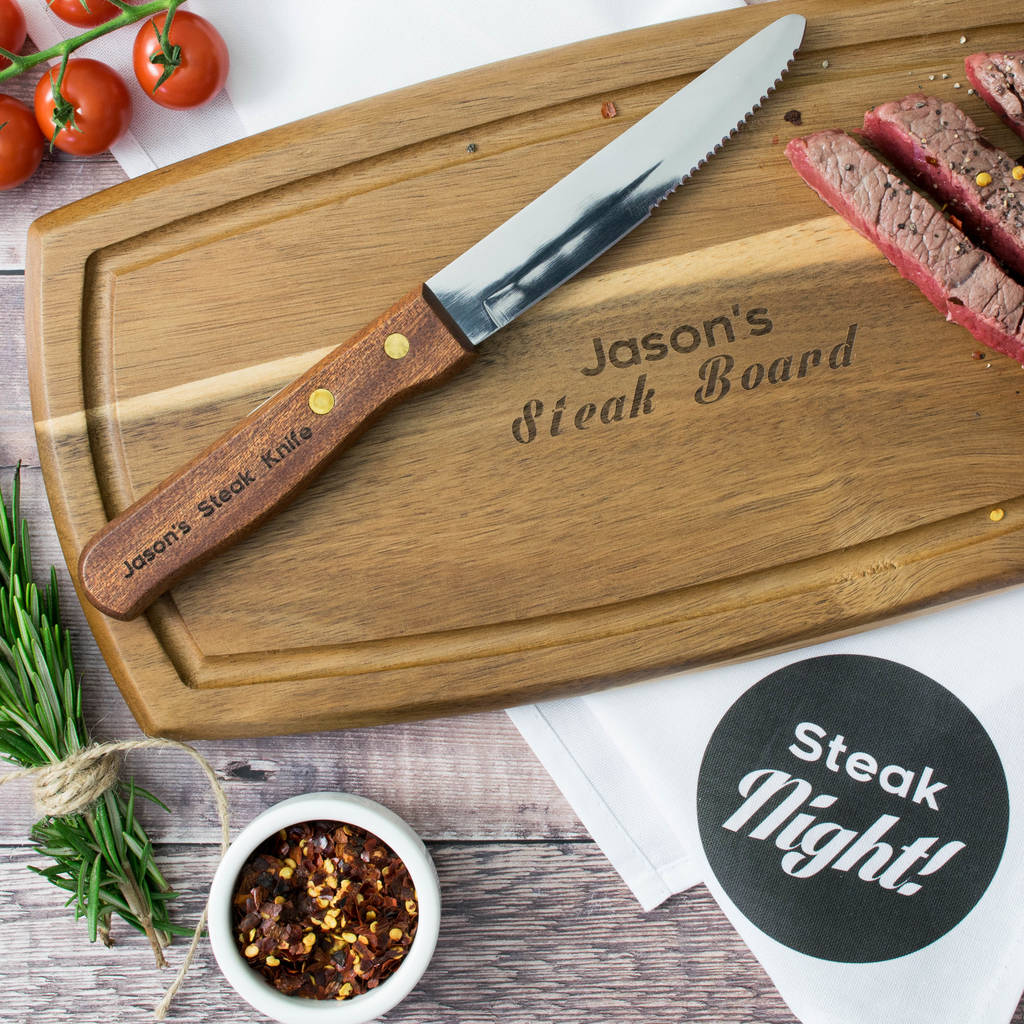 Steak Set, Personalised Board, Knife And Napkin By 3 Blonde Bears