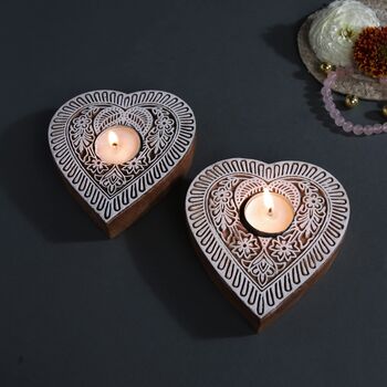 Wooden Heart Tea Light Candle Holder, Set Of Two, 2 of 5