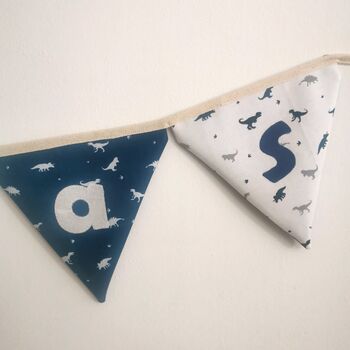 Dinosaur Bunting, Personalised Baby Name, White, Navy Blue, 5 of 11