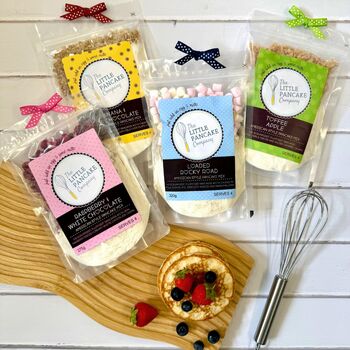 Pancake Lover's Gift Hamper With Four Gourmet Pancake Mixes And A Metal Whisk, 3 of 9