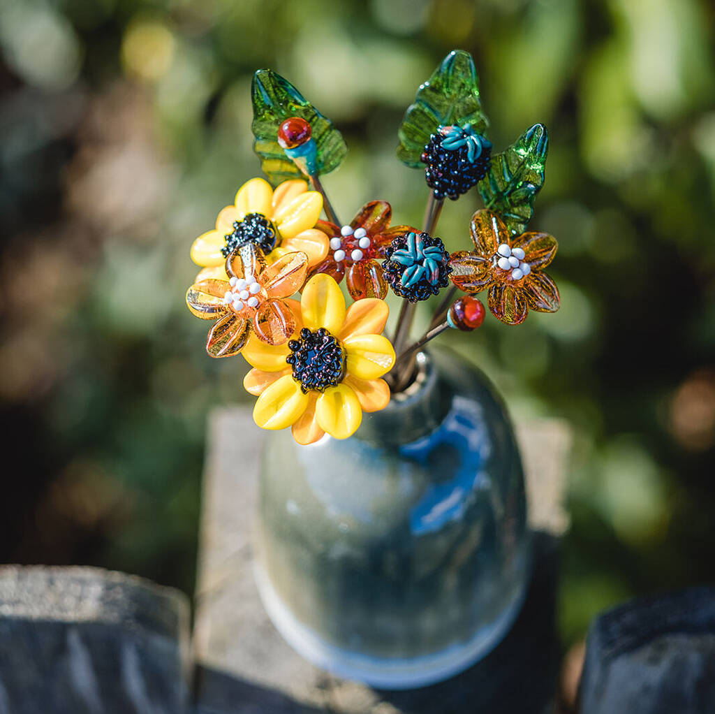 Autumnal Glass Flower Bouquet In Green Ceramic Vase, 1 of 8