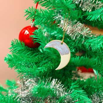 Handmade Ceramic Moon Ornament: Blue And White Glaze, Festive Tree Decoration, 3 of 4