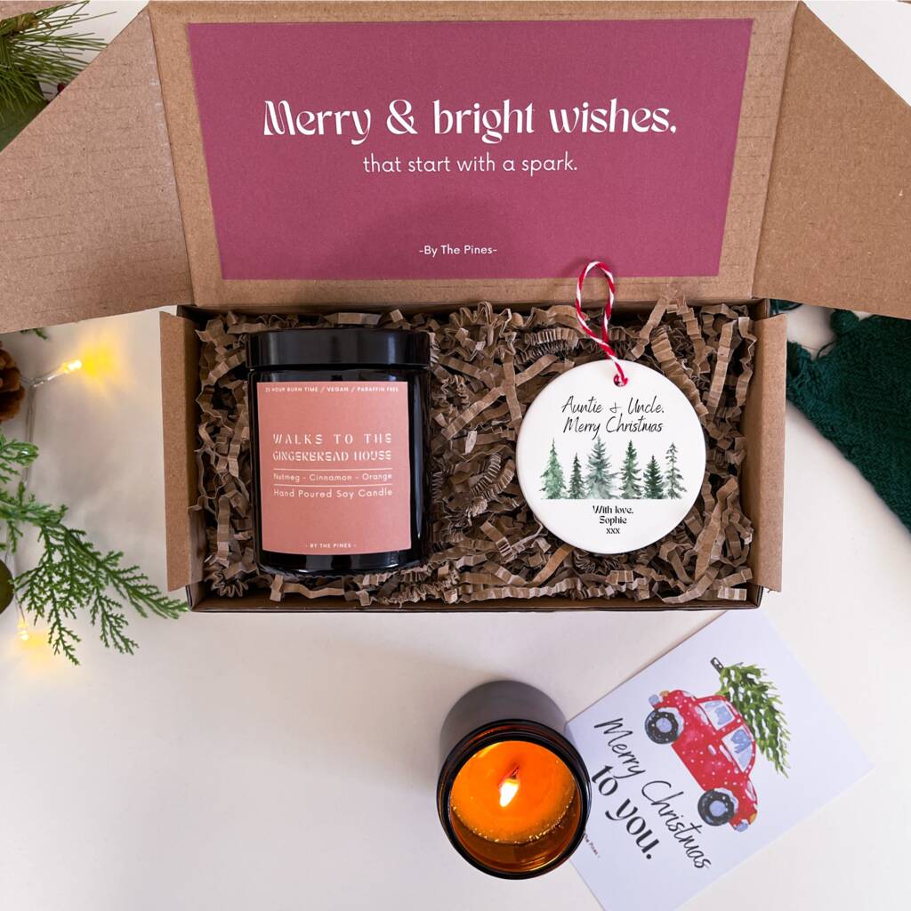 Personalised Auntie And Uncle Christmas Candle Gift Set By By The Pines