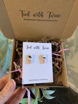 Baby Pink Ceramic Bar Stud Earrings Abstract Splatter Minimalist Studs, 6 of 7