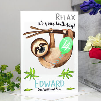 Personalised Sloth 'Relax' Birthday Card For Him, 6 of 9