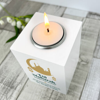 Personalised Eid Al Fitr Crescent And Lanterns White Tea Light Holder, 2 of 6