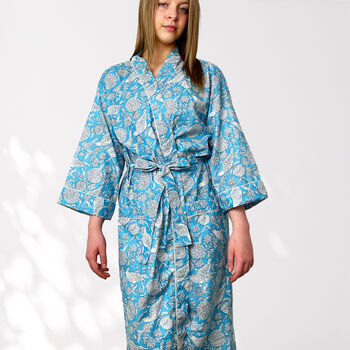 Blue Bird And Flower Print Cotton Dressing Gown Kimono, 4 of 8