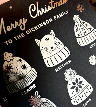 Personalised Family Or Friends Christmas Card With Foiled Christmas Wooly Hats, 9 of 10