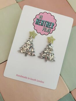 Silver Glitter Christmas Tree With Star Earrings / Festive Jewellery Sparkly Tree With Gold Star / Winter Style Jewellery Shimmering Icy Forest Dangles / Christmas Gift Bold Sparkly Festive Accessories, 4 of 5