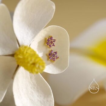 Pair Of Very Tiny Ruby Pink Cz Flower Stud Earrings In Sterling Silver, 5 of 12
