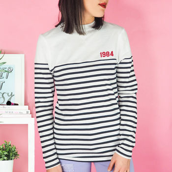 Embroidered Year Long Sleeve Panel Striped T Shirt, 3 of 3