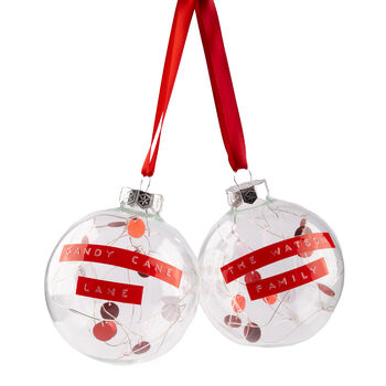 Personalised Christmas Tree Ornament Red And White Bauble, 2 of 8