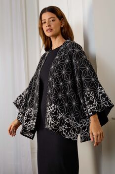 Asanoha And Peony Embroidered Black And Ivory Fully Lined Short Kimono, 4 of 7