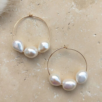 Callie Three Pearl Hoop Bridal Earrings, 2 of 3