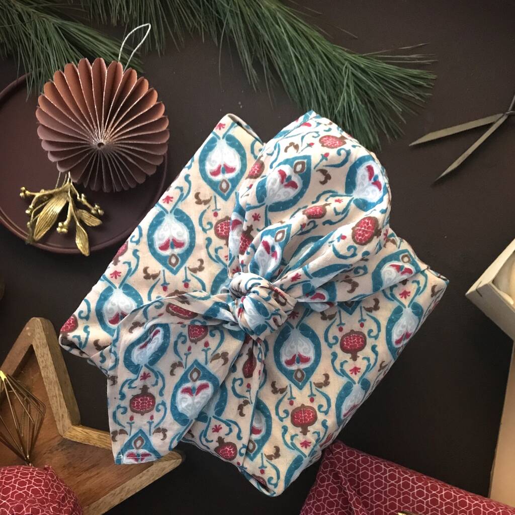 Fabric Gift Wrap Reusable Furoshiki Teal Floral, 1 of 7