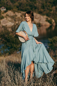 Long Bohemian Wrap Linen Dress With Frill Details, 8 of 10