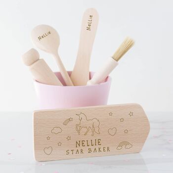 Personalised Unicorn Kids Wooden Baking Set, 2 of 8