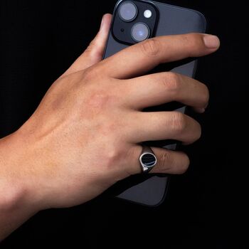 Men's Silver White Line Onyx Oval Gemstone Signet Ring, 2 of 8