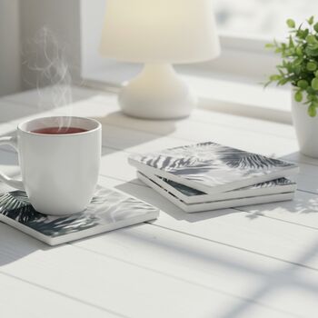Jungle Leaf Pattern Ceramic Coaster Set Of Four, Available In Green Or Grey, 7 of 8