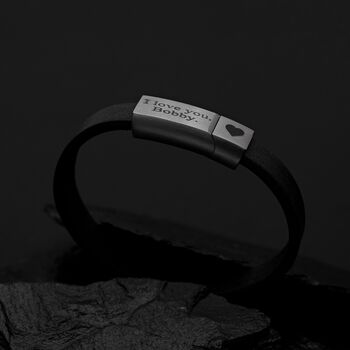 Black Minimalistic Leather Bracelet With Custom Engraving, 6 of 8