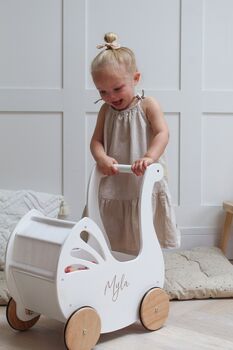 Personalised Kids Swan Wooden Push Along Toy Pram, 3 of 12