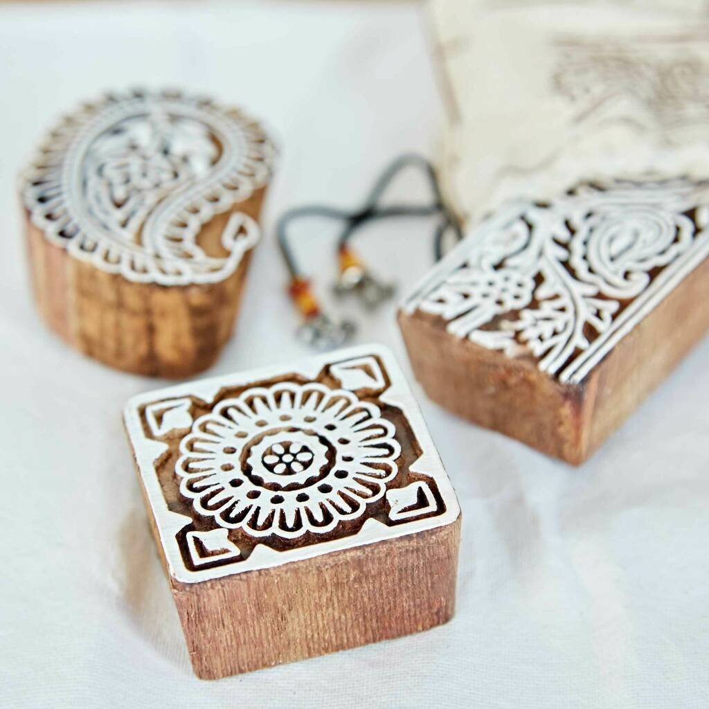 Set Of Three Assorted Mango Wood Printing Blocks By Paper High