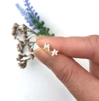 Sterling Silver Mini Textured Lightning Bolt And Star Mismatched Christmas Earrings, 5 of 11