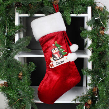 Personalised Christmas Penguin Red Stocking, 2 of 4