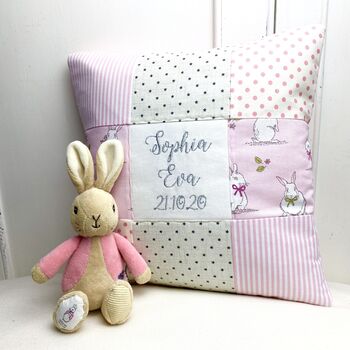 Personalised Pink And Grey Bunny Name Cushion, 2 of 8