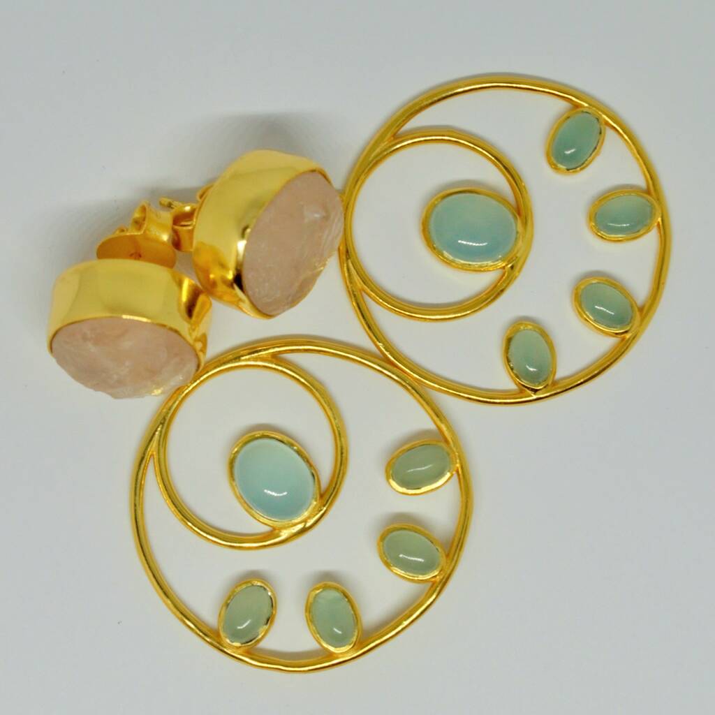 Rose Quartz, Aqua Chalcedony Gold Hoop Earrings, 1 of 6