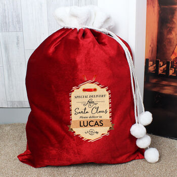 Personalised Special Delivery Luxury Pom Pom Red Sack, 3 of 3