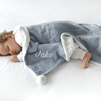 Personalised Dusty Blue Cable Knit Pom Pom Blanket, 5 of 10