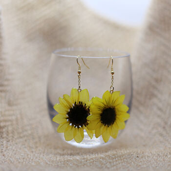 Real Sunflower Sterling Silver Or Gold Plated Earrings, 7 of 12