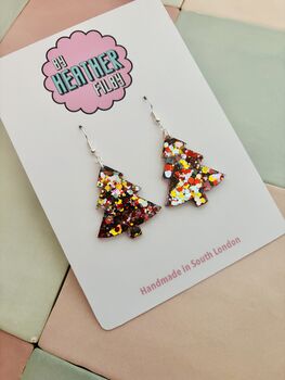 Gold, Silver And Red Christmas Tree Glitter Resin Earrings / Traditional Holiday Jewellery / Christmas Gift / Secret Santa Gift, 2 of 10