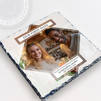 Our First Date Personalised Rock Photo Slate Dating Gift, 2 of 6