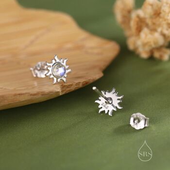 Tiny Sun Moonstone Stud Earrings In Sterling Silver, 4 of 12