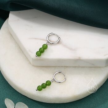 Sterling Silver Genuine Jasper Jade Stone Trio Huggie Hoop Earrings, 5 of 11