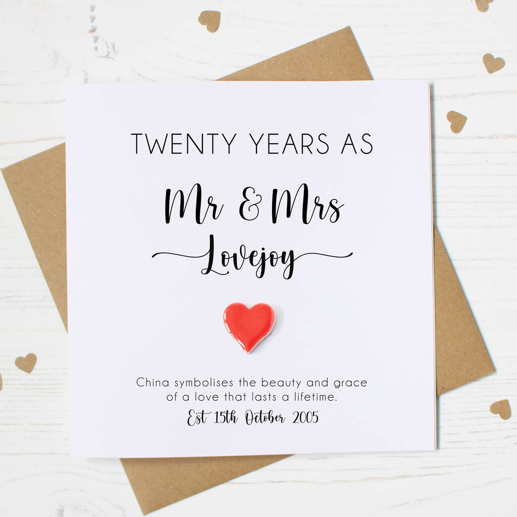 Personalised 20th Wedding Anniversary Card With China Heart, 1 of 5