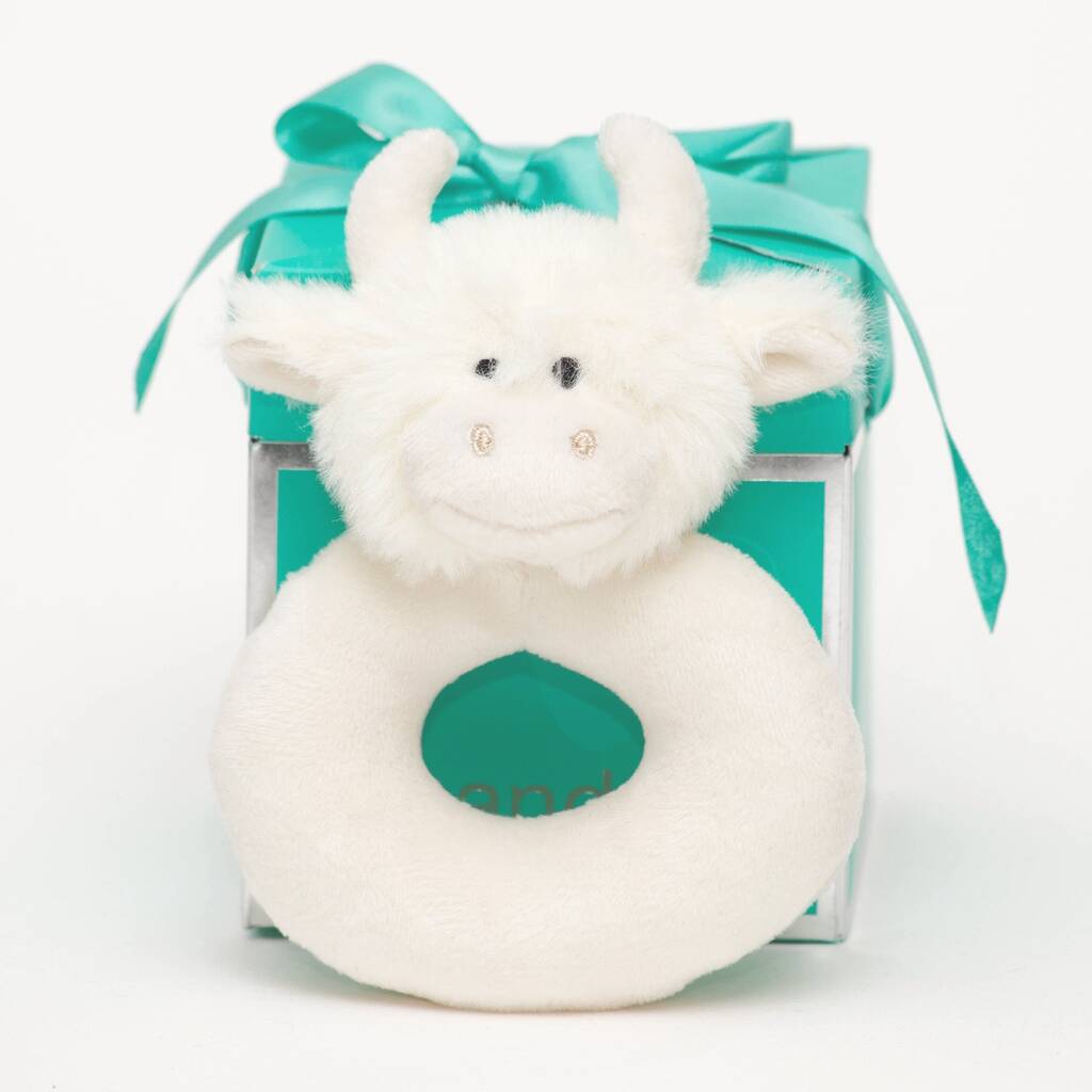 Personalised Highland Cream Cow Baby Rattle, Gift Boxed, 1 of 4
