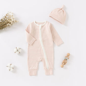 Organic Cotton Striped Zip Sleepsuit And Hat Set, 3 of 3