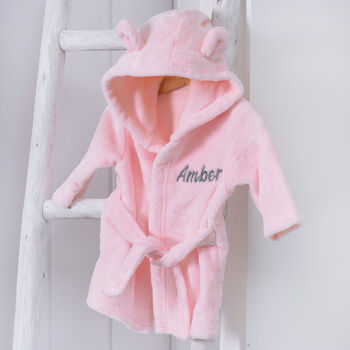 Personalised Pink Baby Dressing Gown With Ears On Hood, 2 of 5