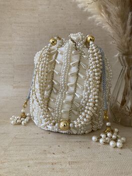 White Handcrafted Pearl Potli Bag, 7 of 9