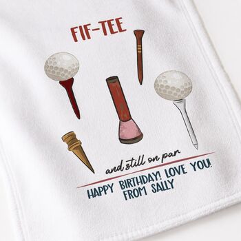 Personalised Fif Tee Tea Towel 50th Birthday Gift For Golfers, 6 of 8