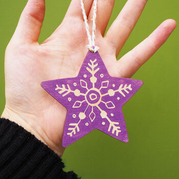 Star And Snowflake Linocut Wooden Christmas Decorations, 5 of 5
