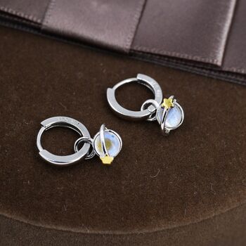 Sterling Silver Moonstone Planet And Gold Star Huggie Hoop Earrings, 3 of 11