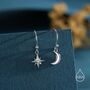 Sterling Silver Extra Tiny Starburst And Moon Dangle Drop Hook Earrings, thumbnail 1 of 12